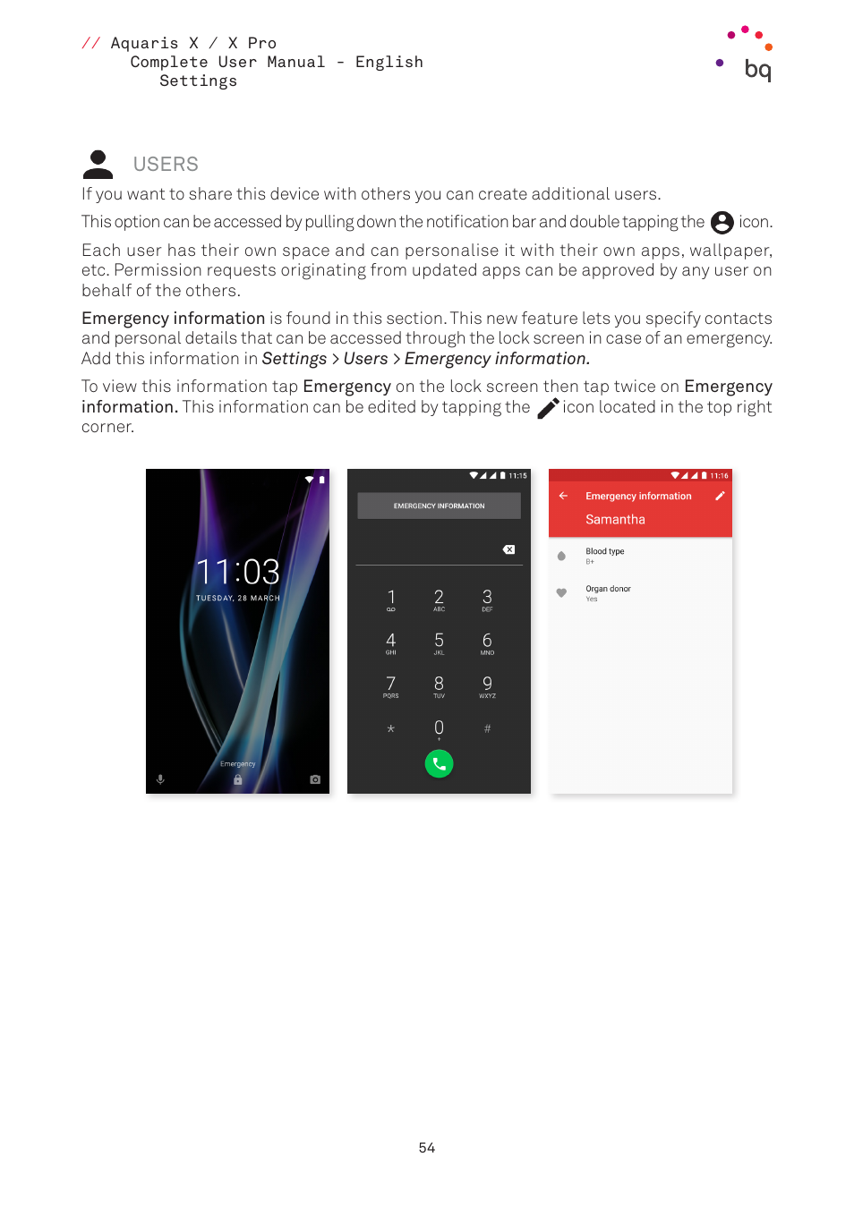 Users, 54 users, Ping | Emergency | BQ Aquaris XPro User Manual | Page 54 / 93