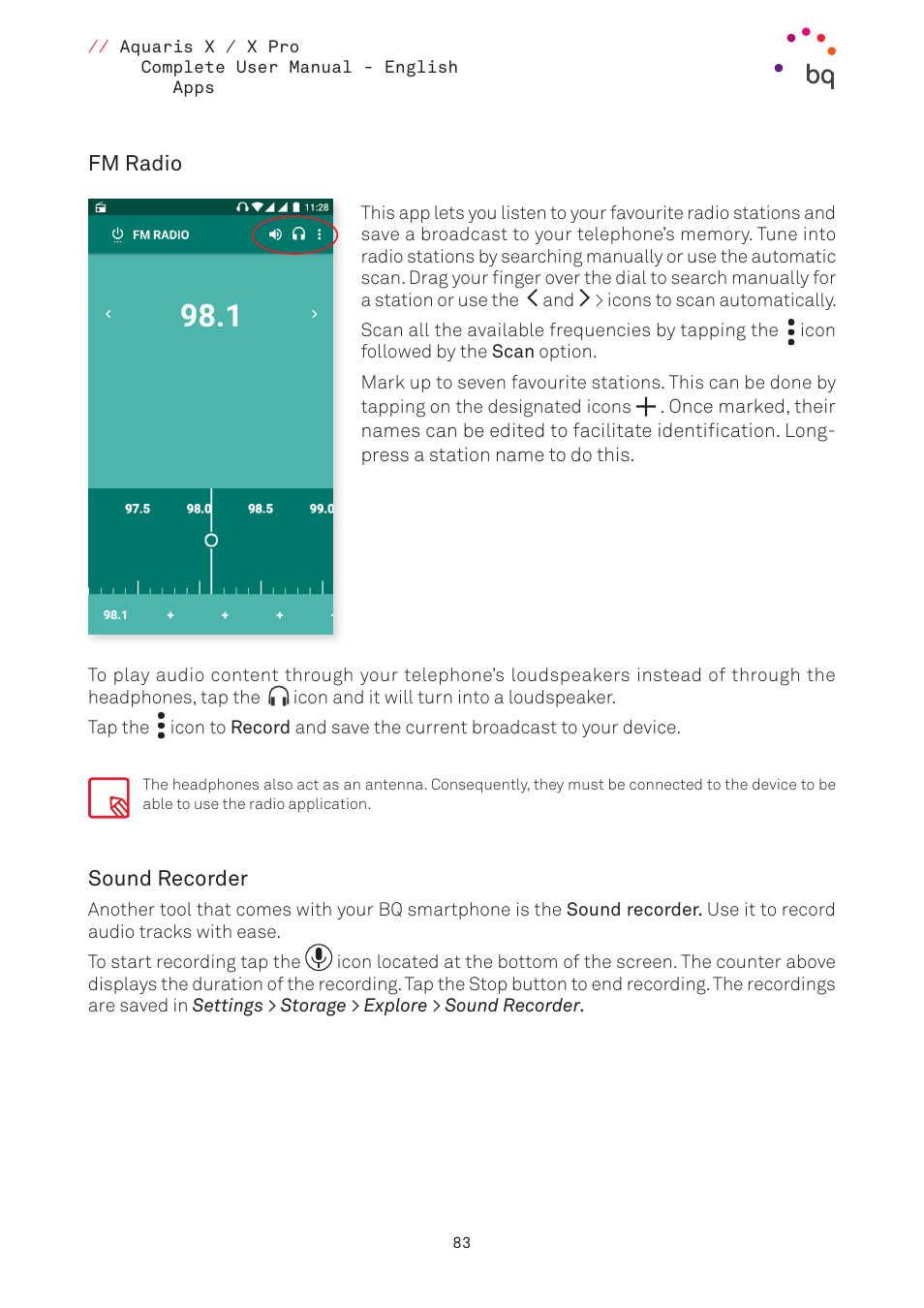 Fm radio, Sound recorder, Radio fm | BQ Aquaris XPro User Manual | Page 83 / 93