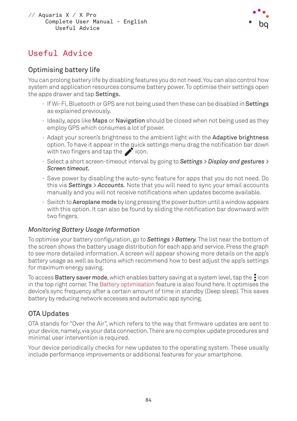 Useful advice, Optimising battery life, Monitoring battery usage information | Ota updates, 84 tips | BQ Aquaris XPro User Manual | Page 84 / 93