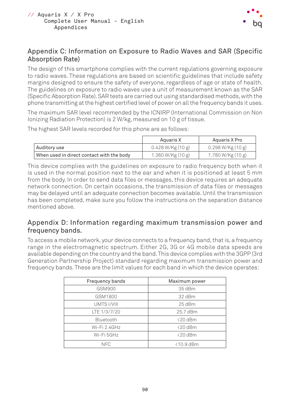 Absorption rate), Bands | BQ Aquaris XPro User Manual | Page 90 / 93