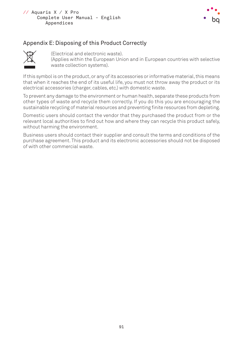 Appendix e: disposing of this product correctly | BQ Aquaris XPro User Manual | Page 91 / 93