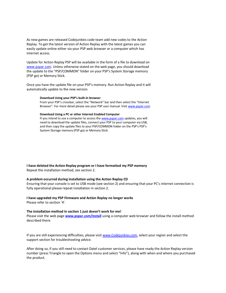 Updating action replay, Technical support | Datel REPLAY PSP 1000 User Manual | Page 6 / 7