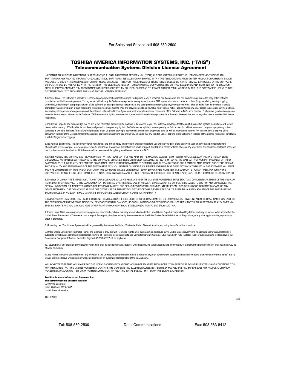 Tais tsd license agreement | Datel DKT2104-CT User Manual | Page 3 / 77