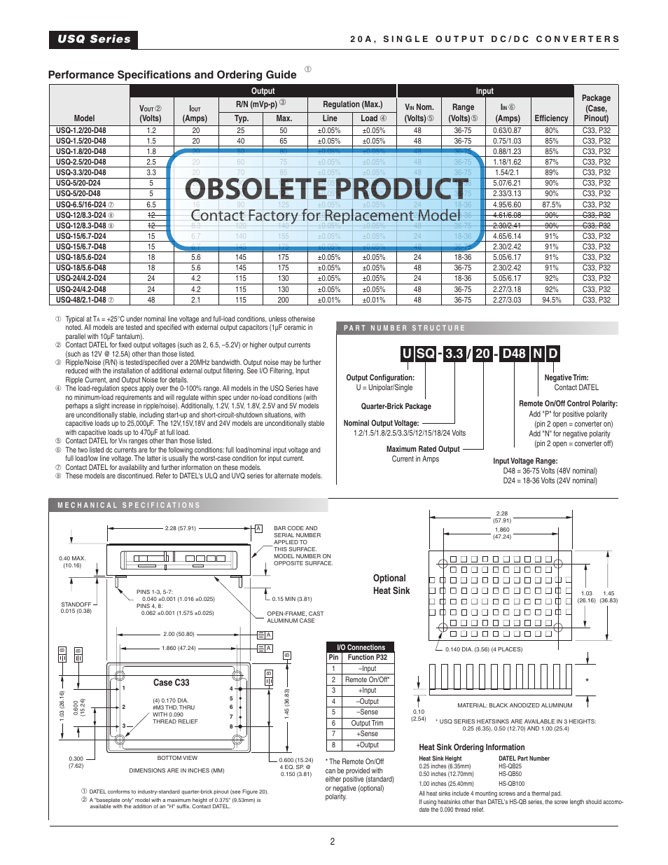 Obsolete product, Contact factory for replacement model, Usq series | Performance speciﬁcations and ordering guide | Datel 20A User Manual | Page 2 / 22