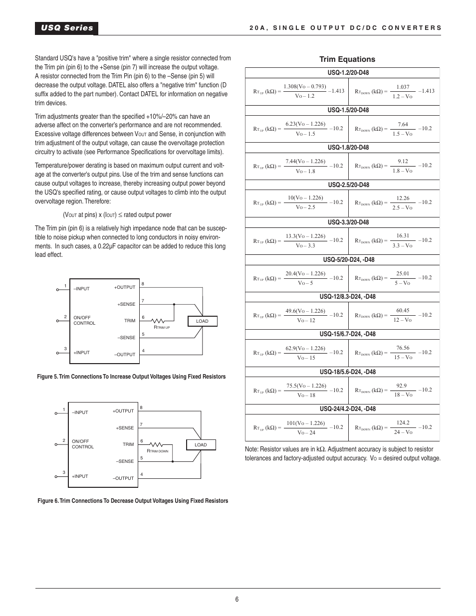 Usq series, Trim equations, At pins) x (i | Datel 20A User Manual | Page 6 / 22