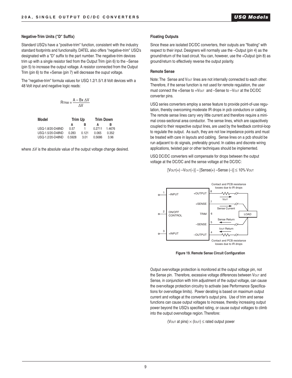 Usq models | Datel 20A User Manual | Page 9 / 22