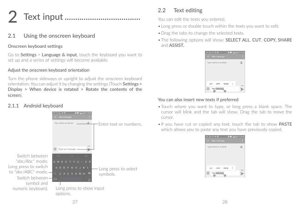 2 text input, 1 using the onscreen keyboard, 2 text editing | 1 using the onscreen keyboard 2.2 text editing, Text input | Alcatel A5 LED 5085Y User Manual | Page 15 / 55