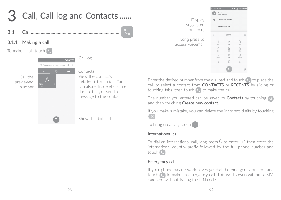3 call, call log and contacts, 1 call, Call, call log and contacts | Alcatel A5 LED 5085Y User Manual | Page 16 / 55