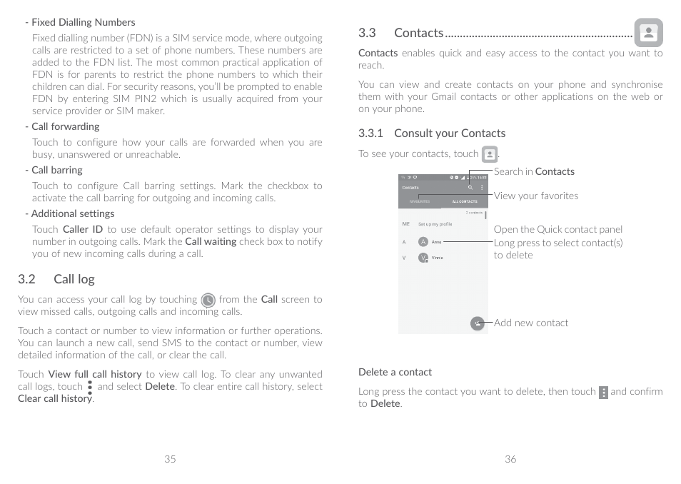 2 call log, 3 contacts, 2 call log 3.3 contacts | 3�3 contacts, 3�2 call log | Alcatel A5 LED 5085Y User Manual | Page 19 / 55