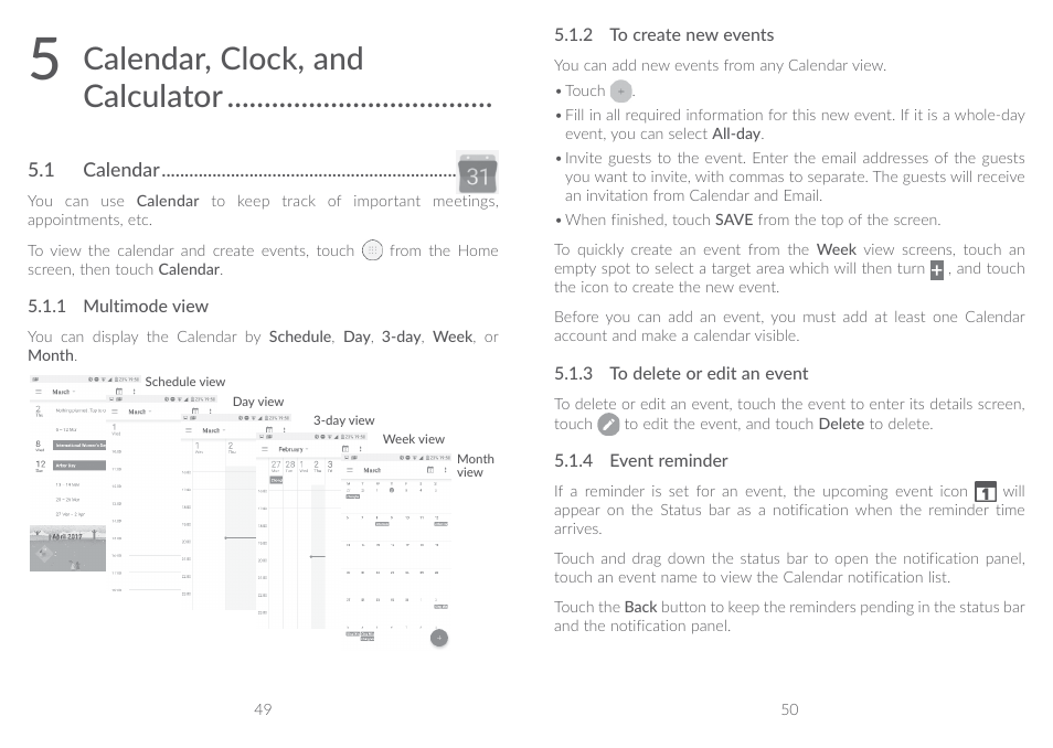 5 calendar, clock, and calculator, 1 calendar, Calendar, clock, and calculator | Alcatel A5 LED 5085Y User Manual | Page 26 / 55
