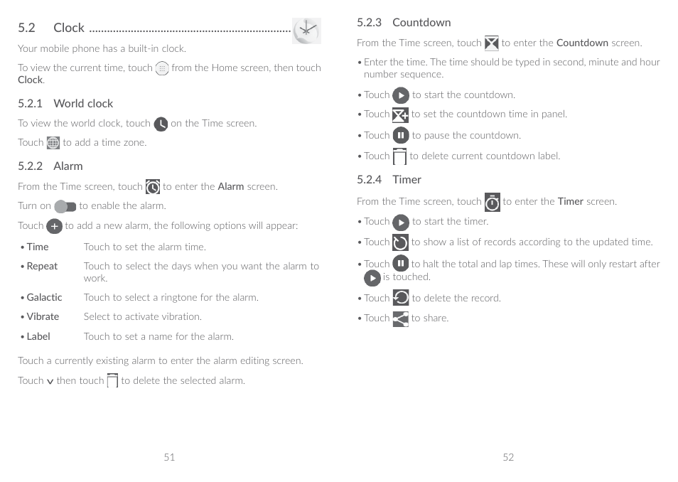 2 clock, 5�2 clock | Alcatel A5 LED 5085Y User Manual | Page 27 / 55