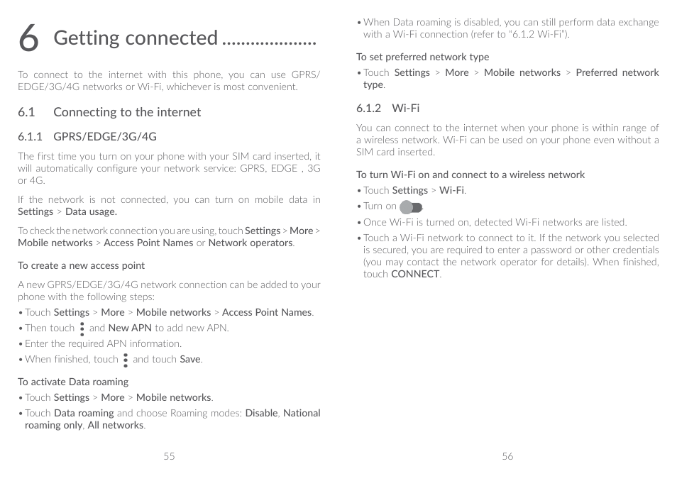 6 getting connected, 1 connecting to the internet, Getting connected | Alcatel A5 LED 5085Y User Manual | Page 29 / 55