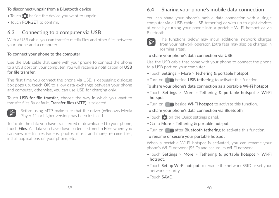 3 connecting to a computer via usb, 4 sharing your phone's mobile data connection, 6�3 connecting to a computer via usb | 6�4 sharing your phone's mobile data connection | Alcatel A5 LED 5085Y User Manual | Page 31 / 55