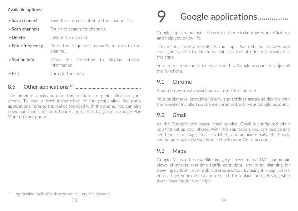 5 other applications, 9 google applications, 1 chrome | 2 gmail, 3 maps, 1 chrome 9.2 gmail 9.3 maps, Google applications | Alcatel A5 LED 5085Y User Manual | Page 38 / 55