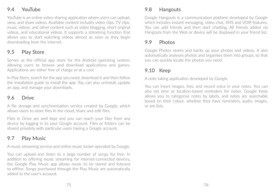 4 youtube, 5 play store, 6 drive | 7 play music, 8 hangouts, 9 photos, 10 keep | Alcatel A5 LED 5085Y User Manual | Page 39 / 55