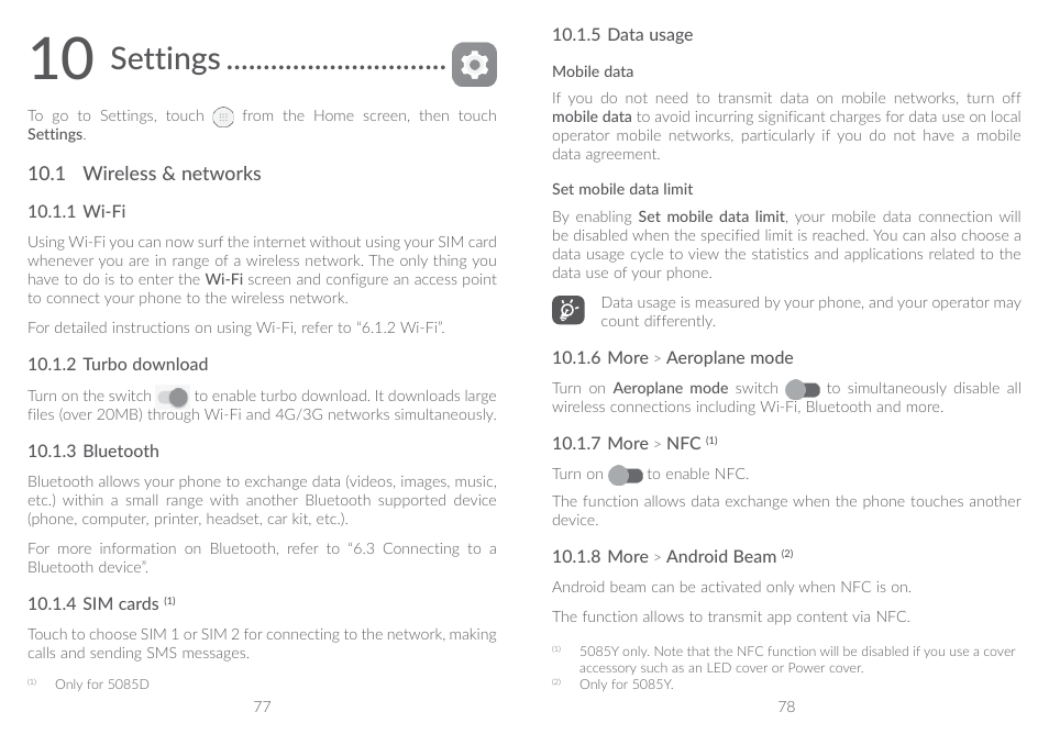 10 settings, 1 wireless & networks, Settings | Alcatel A5 LED 5085Y User Manual | Page 40 / 55