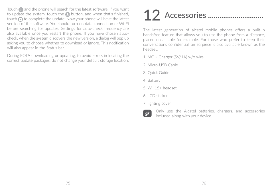 12 accessories, Accessories | Alcatel A5 LED 5085Y User Manual | Page 49 / 55