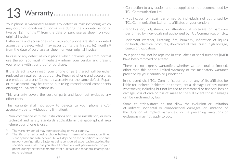 13 warranty, Warranty | Alcatel A5 LED 5085Y User Manual | Page 50 / 55