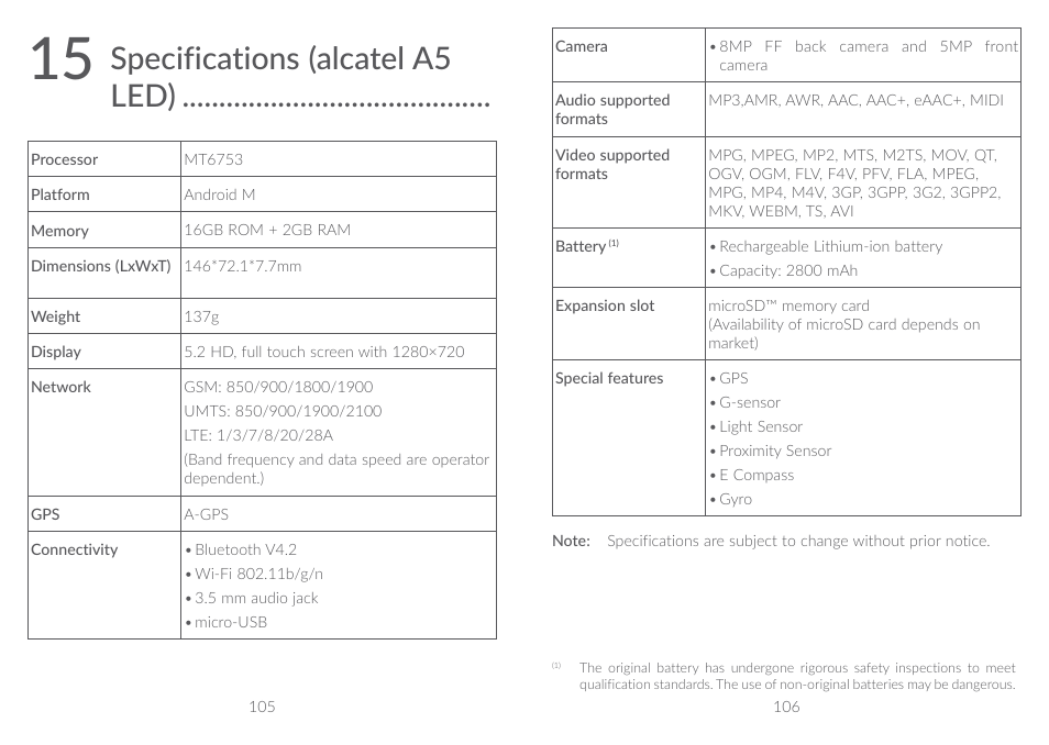 15 specifications (alcatel a5 led), Specifications (alcatel a5 led) | Alcatel A5 LED 5085Y User Manual | Page 54 / 55