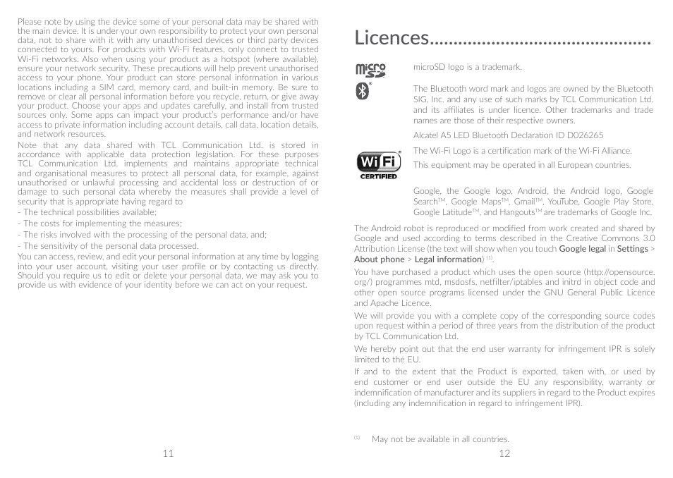 Licences | Alcatel A5 LED 5085Y User Manual | Page 7 / 55