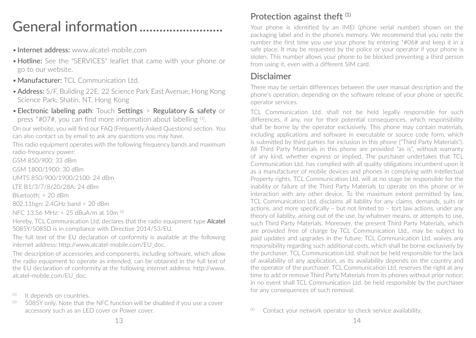 General information, Protection against theft, Disclaimer | Alcatel A5 LED 5085Y User Manual | Page 8 / 55