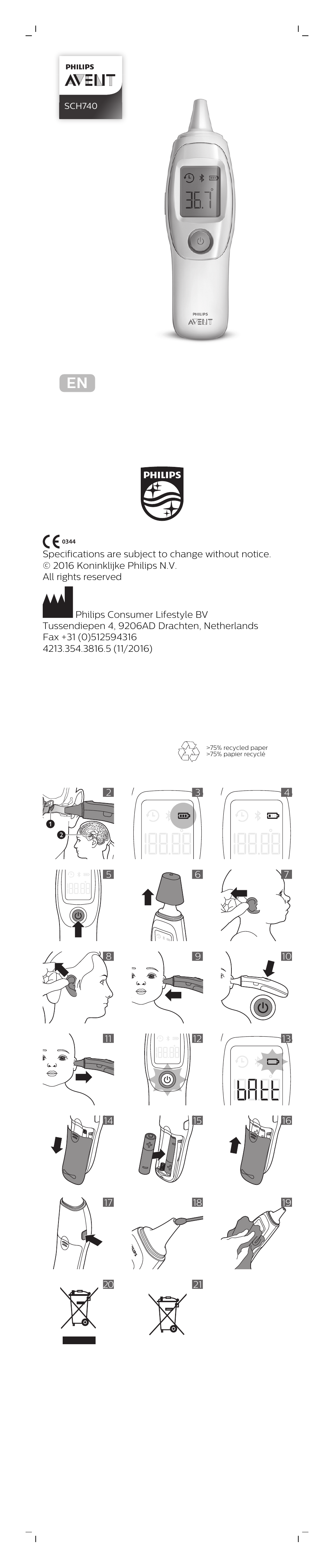 Philips Smart ear thermometer SCH740/86 User Manual | 8 pages