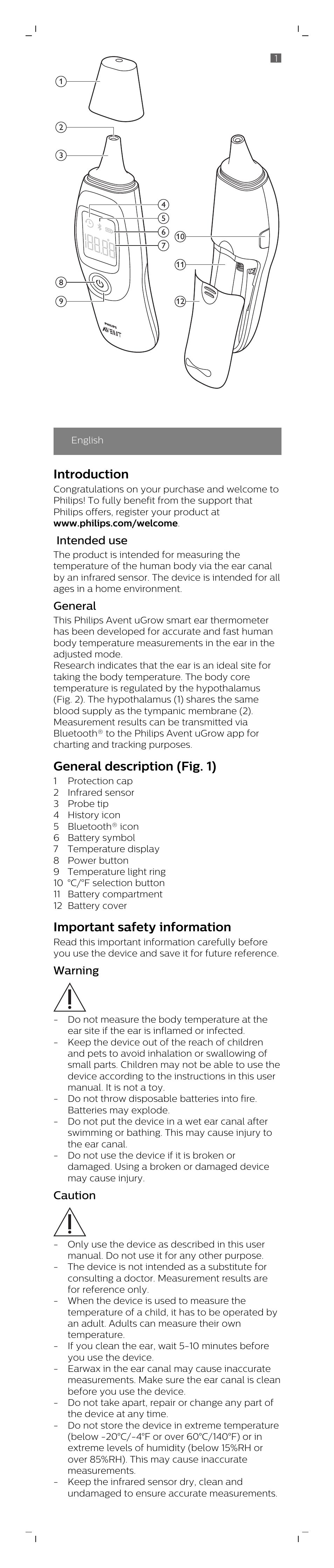 English, Introduction, Intended use | General, General description (fig. 1), Important safety information, Warning, Caution | Philips Smart ear thermometer SCH740/86 User Manual | Page 2 / 8