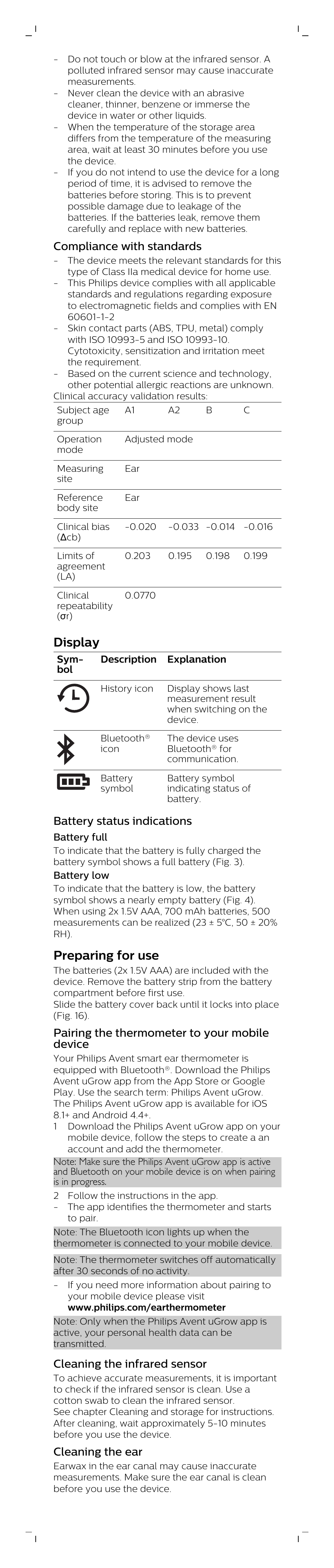 Compliance with standards, Display, Battery status indications | Battery full, Battery low, Preparing for use, Pairing the thermometer to your mobile device, Cleaning the infrared sensor, Cleaning the ear | Philips Smart ear thermometer SCH740/86 User Manual | Page 3 / 8