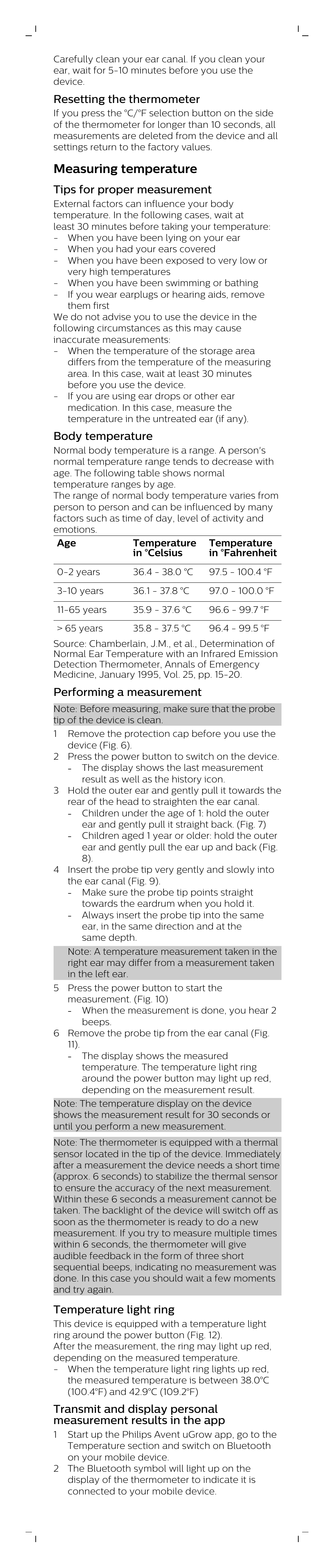 Resetting the thermometer, Measuring temperature, Tips for proper measurement | Body temperature, Performing a measurement, Temperature light ring | Philips Smart ear thermometer SCH740/86 User Manual | Page 4 / 8