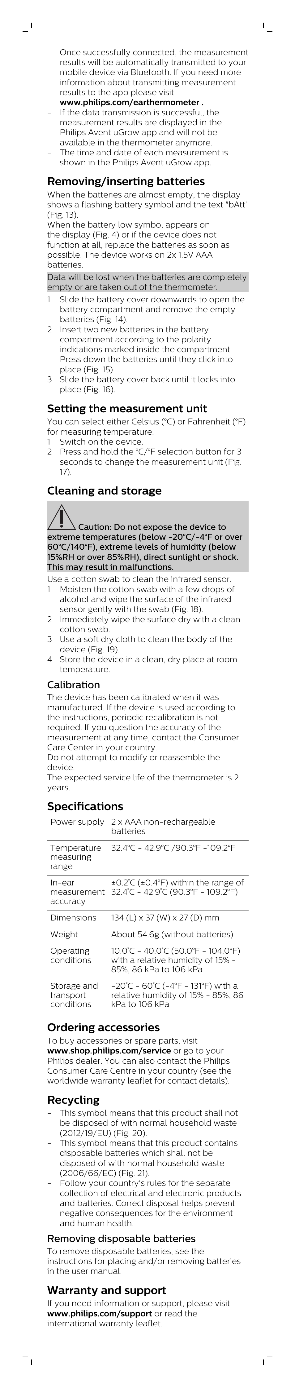 Removing/inserting batteries, Setting the measurement unit, Cleaning and storage | Calibration, Specifications, Ordering accessories, Recycling, Removing disposable batteries, Warranty and support | Philips Smart ear thermometer SCH740/86 User Manual | Page 5 / 8