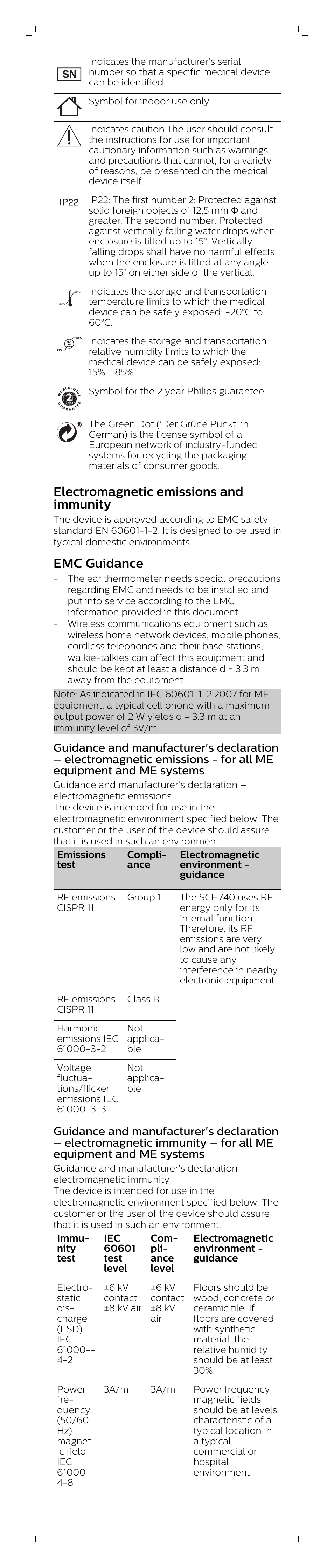 Electromagnetic emissions and immunity, Emc guidance | Philips Smart ear thermometer SCH740/86 User Manual | Page 7 / 8