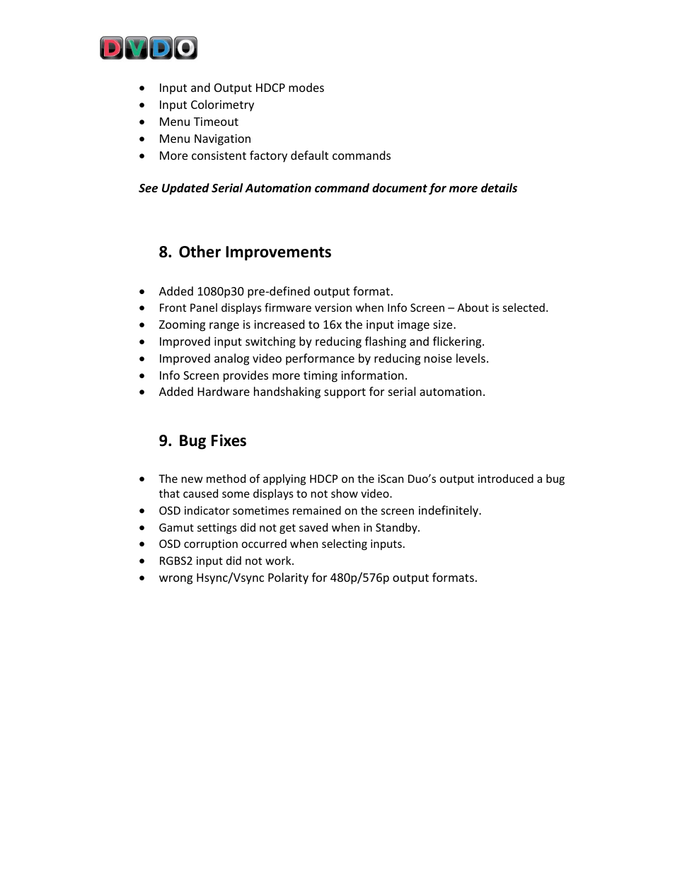 Other improvements, Bug fixes | DVDO DVD VCR Combo User Manual | Page 10 / 15