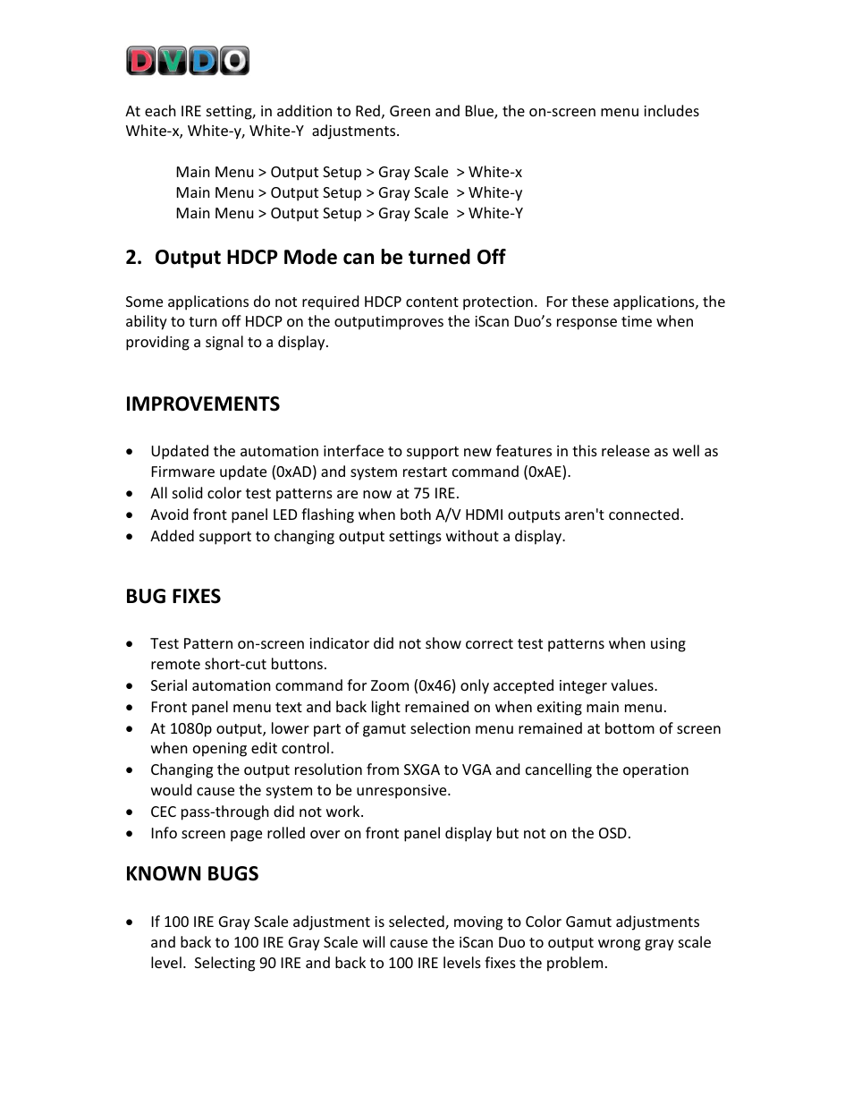 Output hdcp mode can be turned off, Improvements, Bug fixes | Known bugs | DVDO DVD VCR Combo User Manual | Page 2 / 15