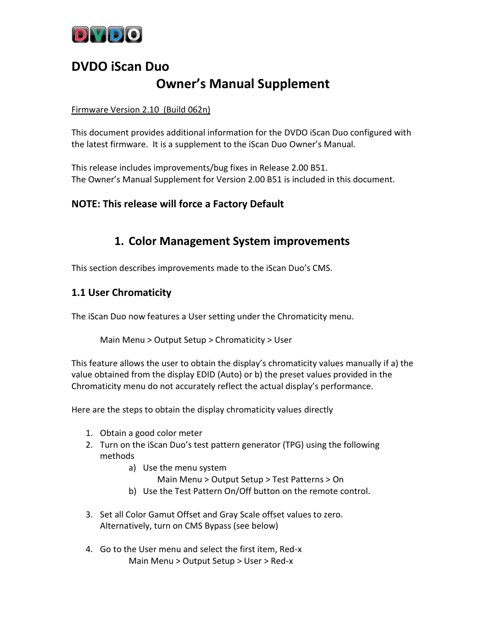 Dvdo iscan duo, Owner’s manual supplement, Color management system improvements | DVDO DVD VCR Combo User Manual | Page 3 / 15