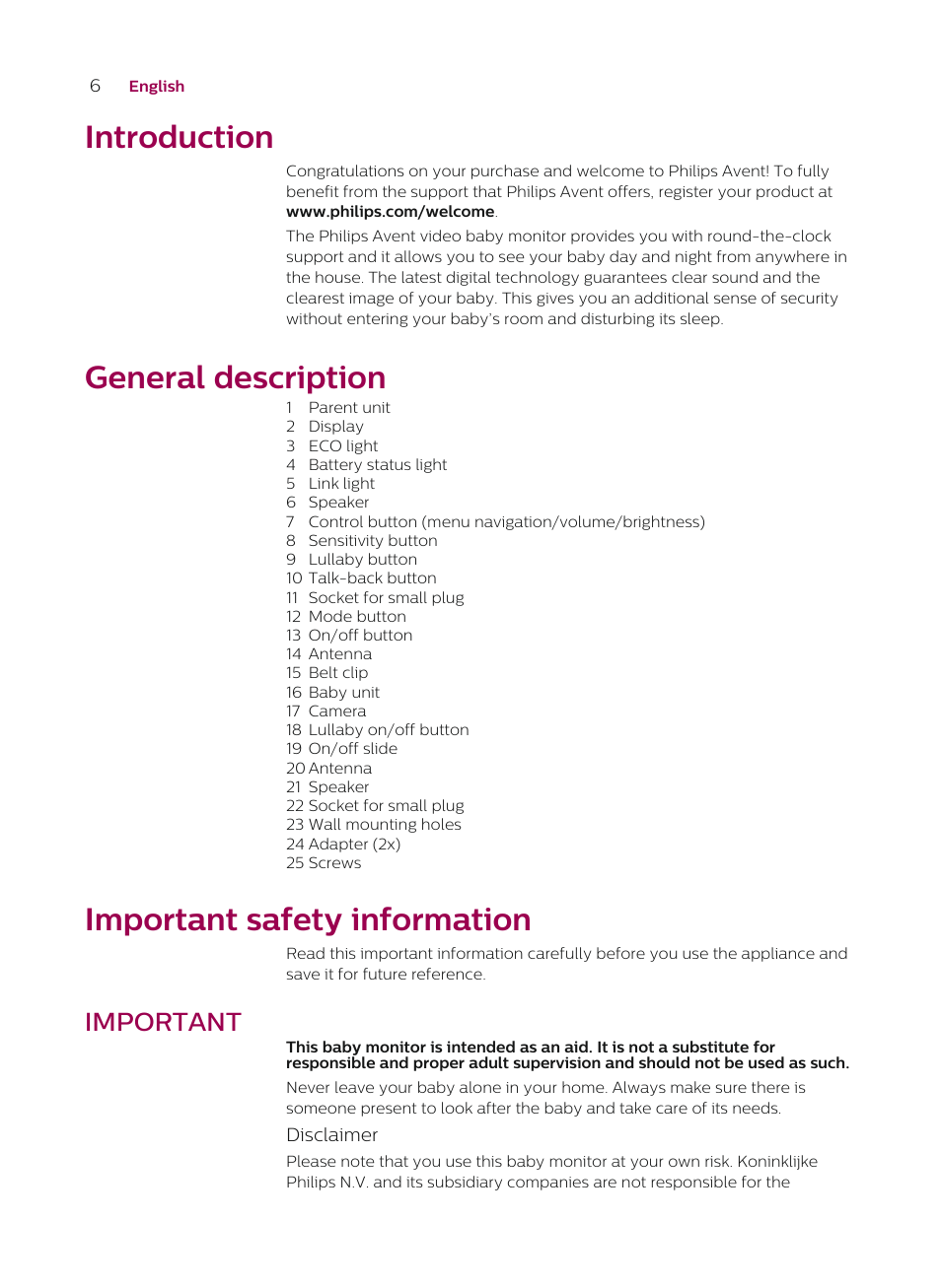 Introduction, General description, Important safety information | Important | Philips AVENT SCD620/05 User Manual | Page 6 / 32