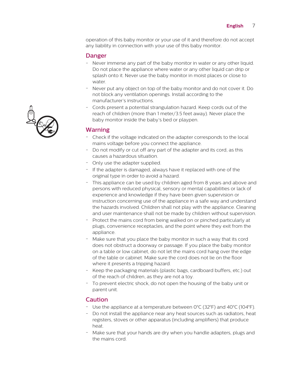 Danger, Warning, Caution | Philips AVENT SCD620/05 User Manual | Page 7 / 32