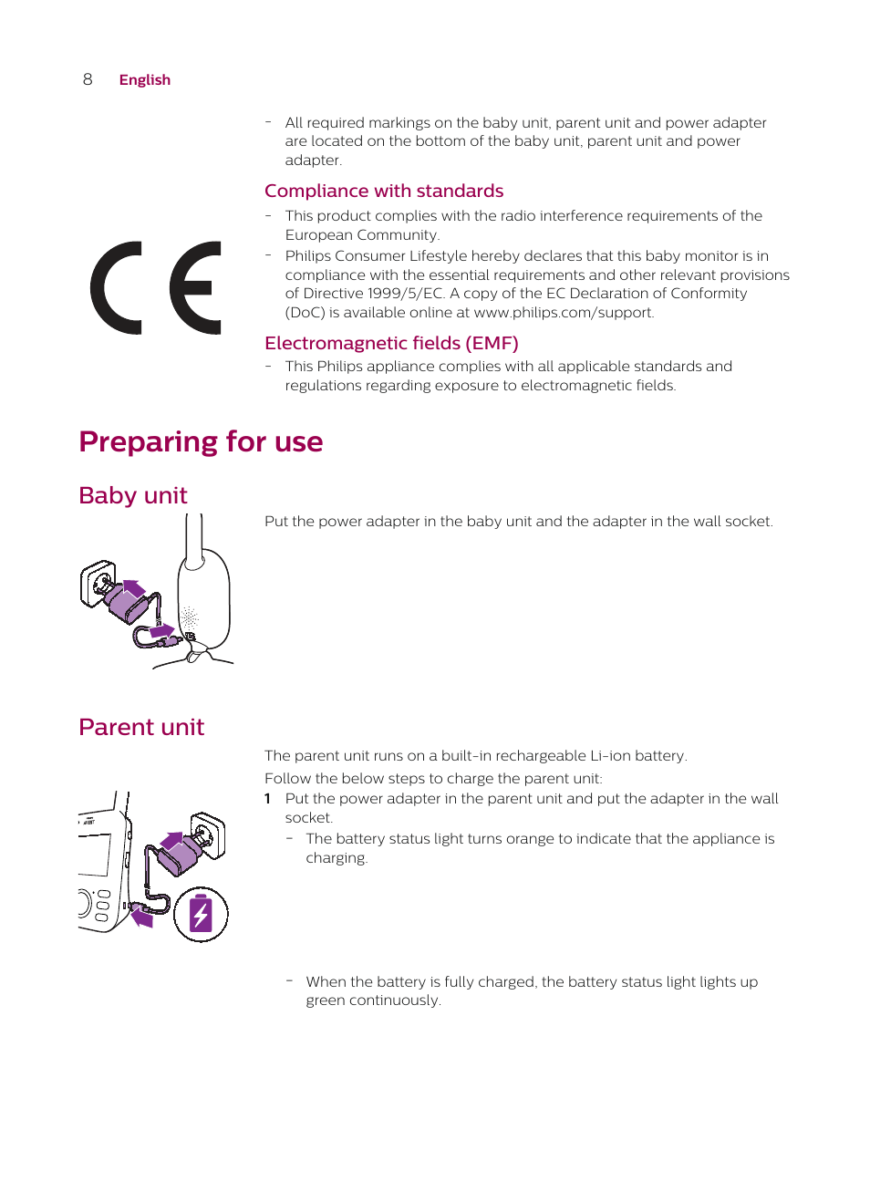 Compliance with standards, Electromagnetic fields (emf), Preparing for use | Baby unit, Parent unit | Philips AVENT SCD620/05 User Manual | Page 8 / 32
