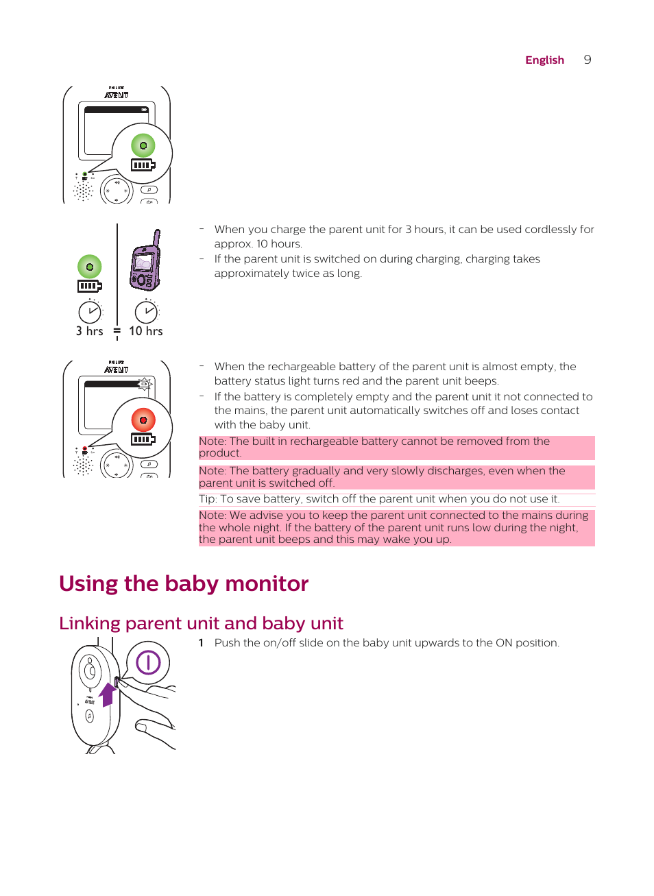 Using the baby monitor, Linking parent unit and baby unit, 10 hrs = 3 hrs | Philips AVENT SCD620/05 User Manual | Page 9 / 32
