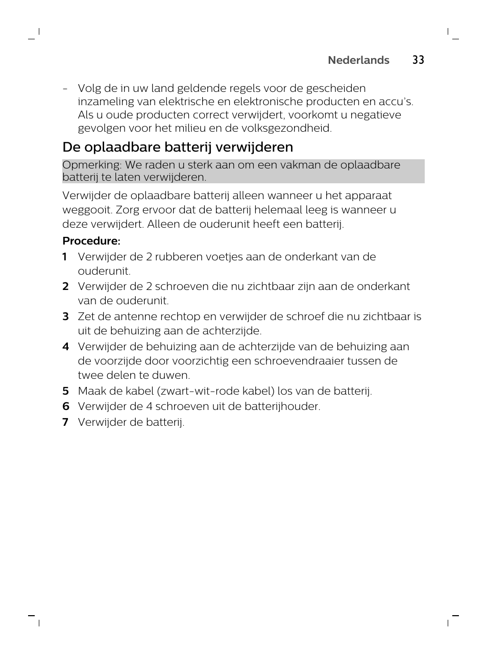 De oplaadbare batterij verwijderen | Philips AVENT SCD620/05 User Manual | Page 33 / 60