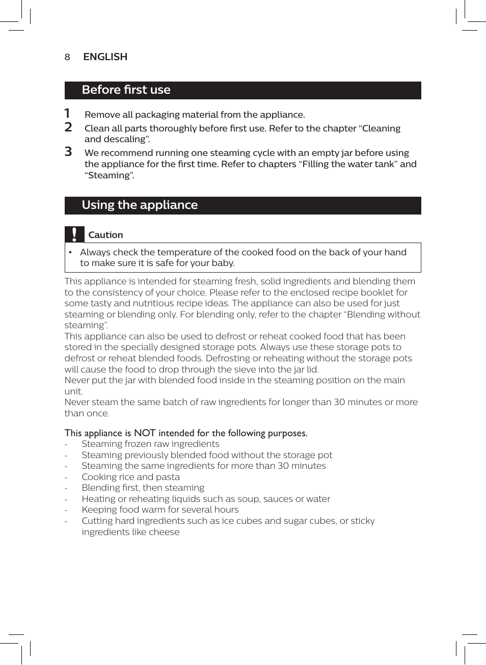 Before first use, Using the appliance | Philips AVENT SCF875/01 User Manual | Page 10 / 170