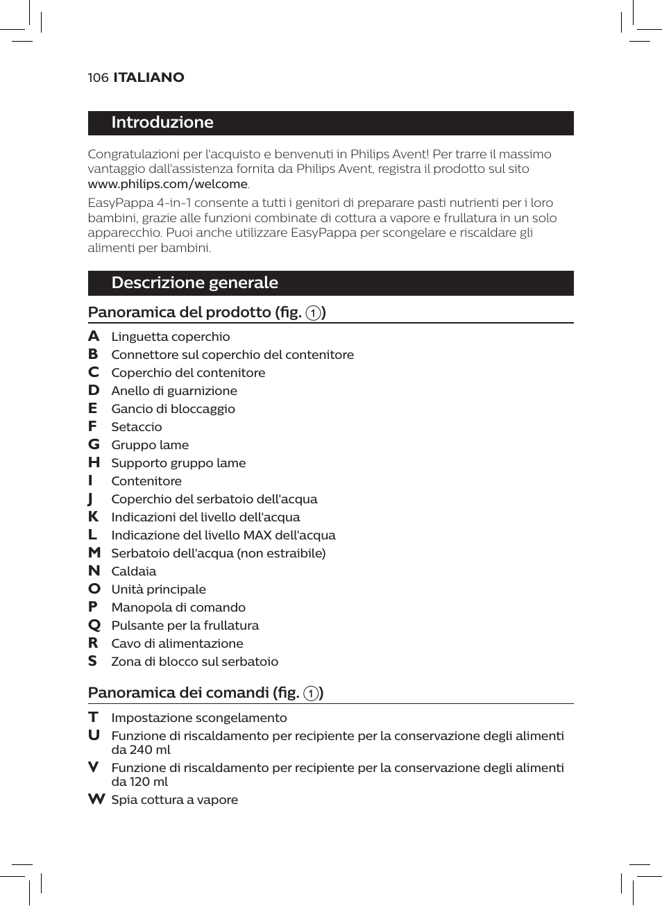 Introduzione, Descrizione generale | Philips AVENT SCF875/01 User Manual | Page 108 / 170