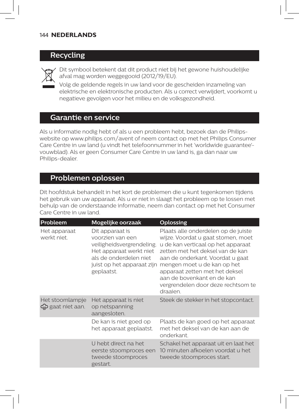 Recycling, Garantie en service, Problemen oplossen | Philips AVENT SCF875/01 User Manual | Page 146 / 170