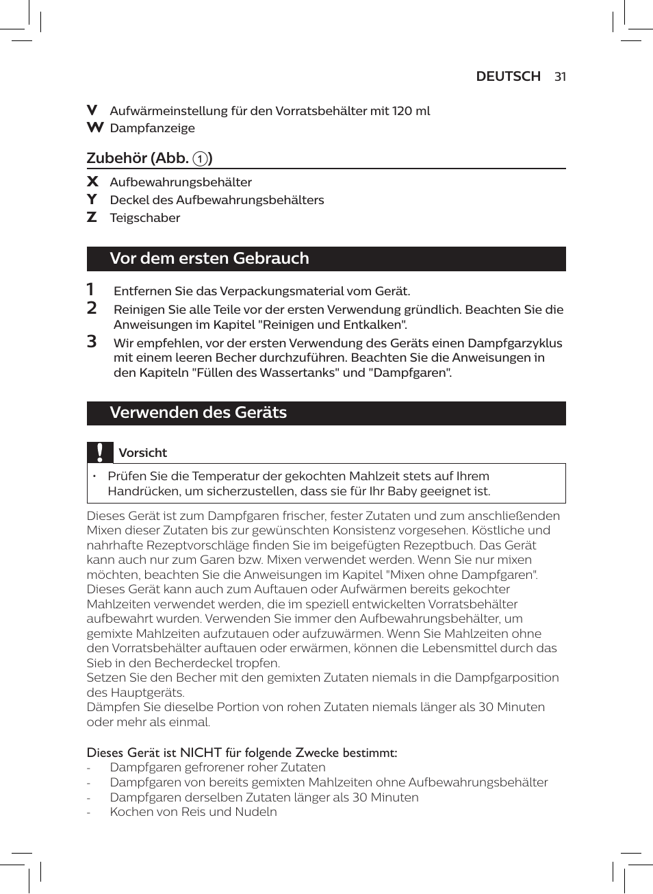 Vor dem ersten gebrauch, Verwenden des geräts | Philips AVENT SCF875/01 User Manual | Page 33 / 170