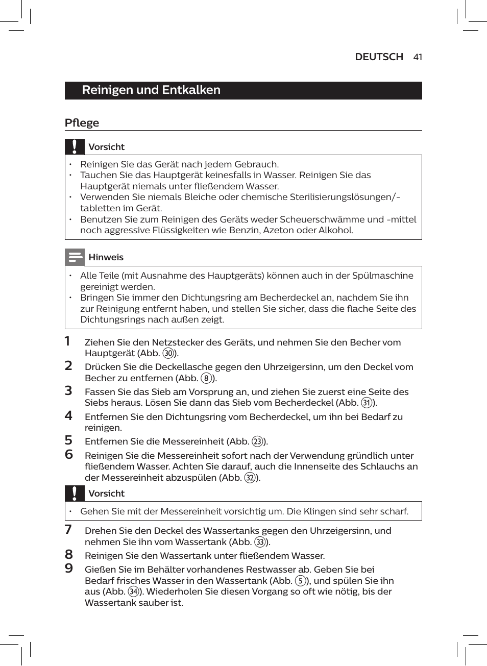 Reinigen und entkalken | Philips AVENT SCF875/01 User Manual | Page 43 / 170