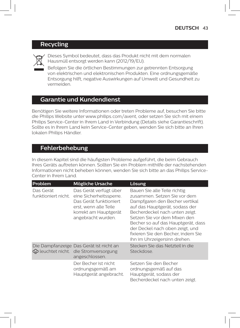 Recycling, Garantie und kundendienst, Fehlerbehebung | Philips AVENT SCF875/01 User Manual | Page 45 / 170