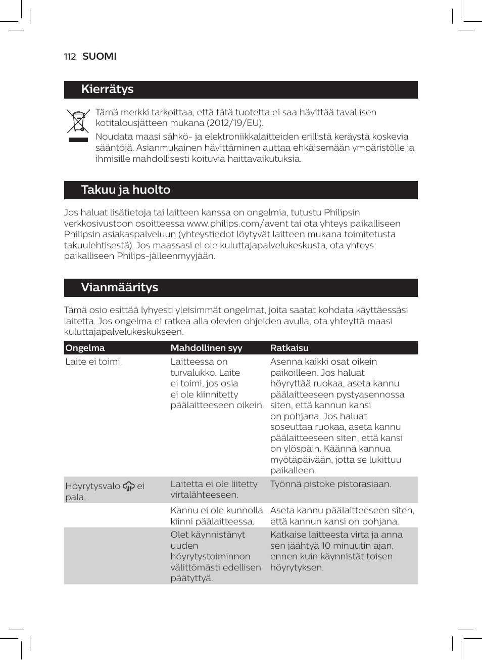 Kierrätys, Takuu ja huolto, Vianmääritys | Philips AVENT SCF875/01 User Manual | Page 114 / 218