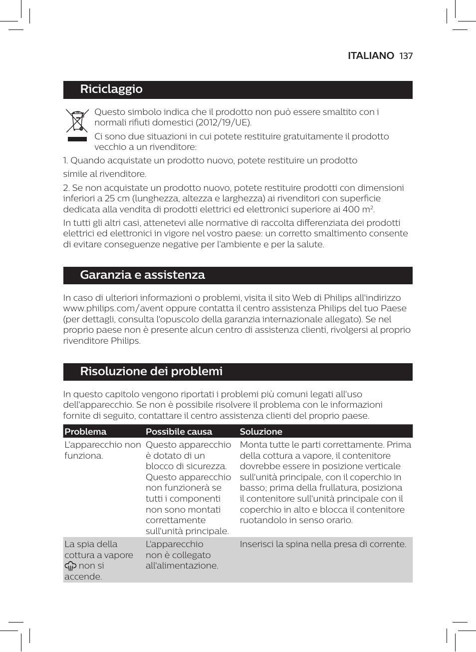 Riciclaggio, Garanzia e assistenza, Risoluzione dei problemi | Philips AVENT SCF875/01 User Manual | Page 139 / 218