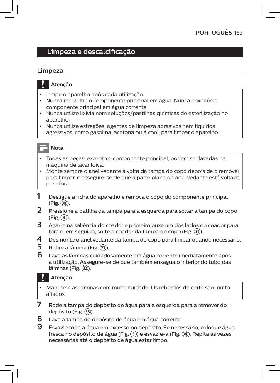 Limpeza e descalcificação | Philips AVENT SCF875/01 User Manual | Page 185 / 218