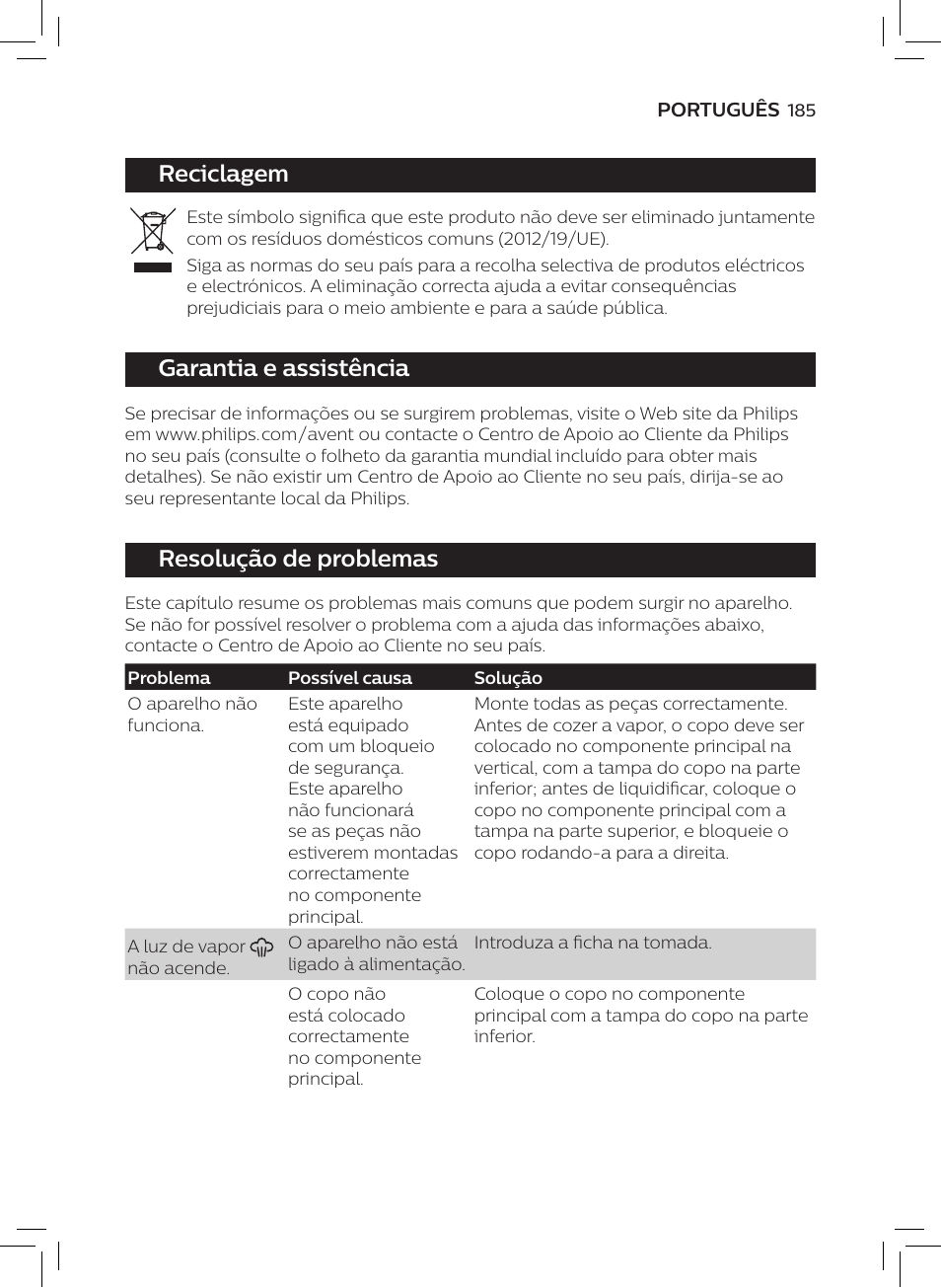 Reciclagem, Garantia e assistência, Resolução de problemas | Philips AVENT SCF875/01 User Manual | Page 187 / 218