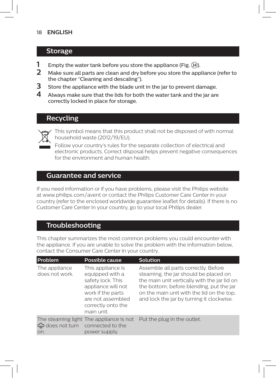 Storage, Recycling, Guarantee and service | Troubleshooting | Philips AVENT SCF875/01 User Manual | Page 20 / 218